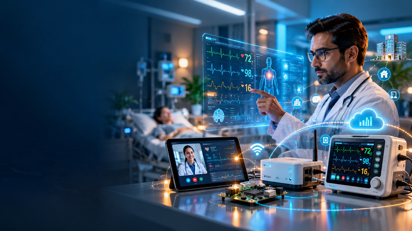 Doctor using a connected medical monitoring dashboard beside IoT medical equipment